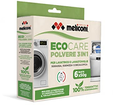 EcoCare 3 in 1 - Sgrassa, decalcifica, igienizza. Adatto per lavastoviglie e lavatrici. Tensioattivi 100% biodegradabili. 6 buste da 50gr.
