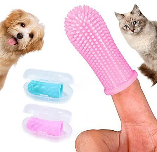BGHK Hundezahnbürste Fingerling，Zahnbürste für Hunde，360º Pets Zähne Reinigung Zahnbürste，gelten Katze hunde zahnpflege 2er Pack Silikon Finger Zahnbürsten (Blau, Rosa), 5*2.1*2.1cm