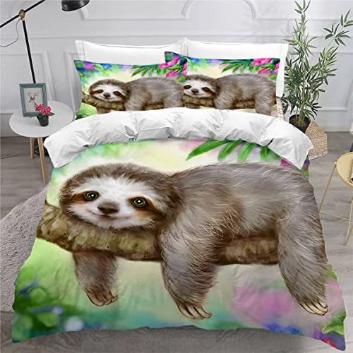 VULORA Tierisches Faultier Bettwäsche 155x220 Tier Bettbezug mit Reißverschluss, Weich Mikrofaser Bettwäsche-Sets für Teenager Kinder 3D Druck Bettwaren Bettbezüge mit 2 Kissenbezüge 80x80