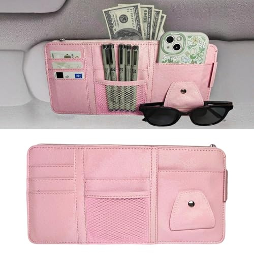 Global-Daily Car Sun Visor Organizer with Multi-Pocket Storage – Faux Leather Visor Pouch for Documents, Cards, Sunglasses, Phone & Pens – Car Interior Accessories for Car, SUV, Truck, Van (Pink)