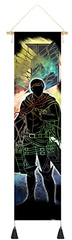 Hanging Poster Canvas Wall Art Painting of Japanese Anime Characters Cartoon Role Tapestry Attack On Titan Wall Tapestry With 2 Tassels And Wooden Hanging Rod Wall Decor Tapestry For Room (Style-A)