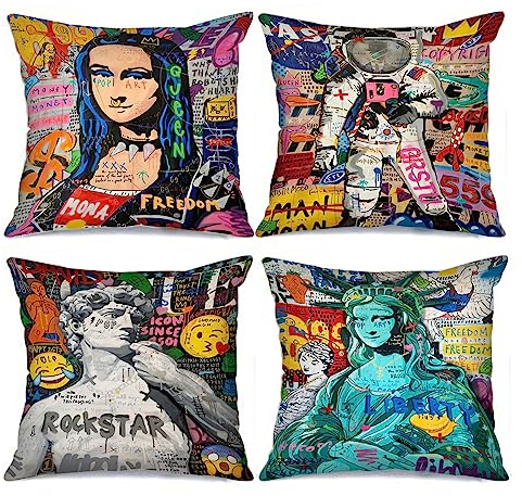 Tucocoo Moderne dekorative Kissenbezüge, 45 x 45 cm, 4 Stück, Straßen-Graffiti-Kunst, Freiheitsstatue, Kissenbezug, bunt, Banksy Mona Lisa, Kissenbezug für Couch, Sofa, Bett, Auto, Terrasse