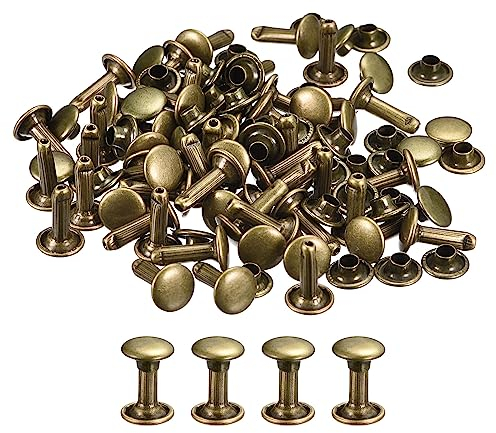 QUARKZMAN Remaches de Cuero 100 Kits, Remaches de Doble Tapa 8mm, Altura 12mm, Remache de Pernos Metálicos para Reparación Artesanía Cuero DIY Monedero Cinturón Bolsa Zapato, Tono Bronce