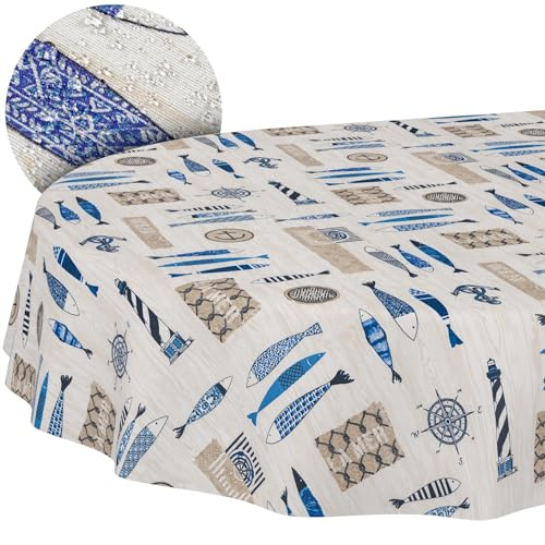 Stoff Tischdecke Tischwäsche Textil Tischtuch Baumwolle Polyester Gewebe abwaschbar pflegeleicht, in rund oval eckig Maritim Oval 200x140cm Schnittkante