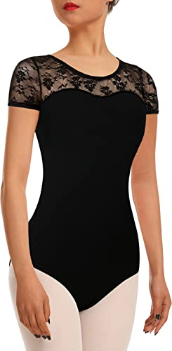 DANSHOW Damen Ballett Tanztrikot mit Spitze,kurzärmelig,Tanzbekleidung mit hohlem Rücken Ballett Trikot(7037-06-XL)