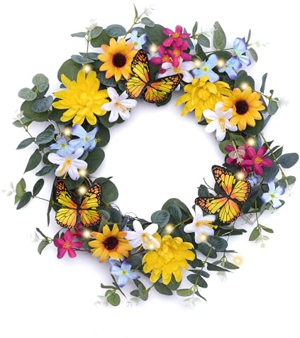 Valery Madelyn 45.7cm Türkranz Frühling, künstliche Blumenkranz, Frühlingskranz mit LED Licht, Kranz deko mit bunten Blumen für Haustür Fenster Wand Hochzeit Party