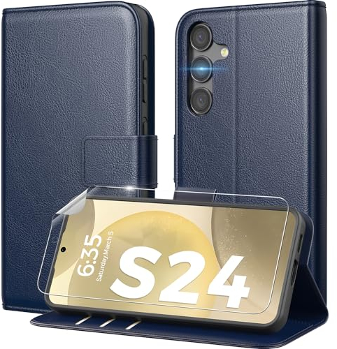 Peakally Coque pour Samsung Galaxy S24 avec Film Protection écran, [Blocage du Signal RFID] Etui à Rabat pour Samsung S24 5G Housse de Protection en Cuir PU Premium [Pochette de Portefeuille],Bleu
