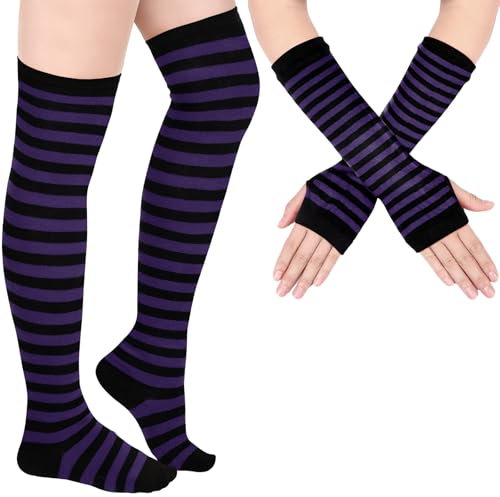 Blulu Armstulpe Beinwärmer für Damen Gestreifter Oberschenkel Strumpf Fingerlose Handschuhe Streifen Strumpf (Lila und Schwarz)