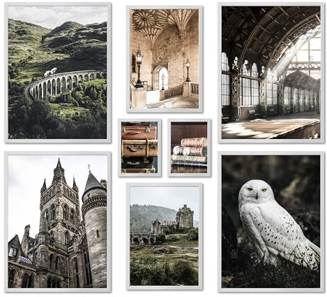 ARTFAVES® Poster Set - POTTERHEAD - mehrteilige Wanddeko Wohnzimmer & Schlafzimmer - 8 moderne Wandbilder Schottland, England, mystisch, Zug, Schneeeule - mit Rahmen Weiss