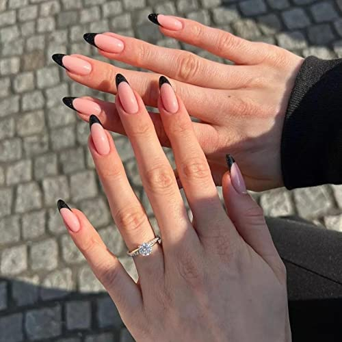 JUSTOTRY 24 Stück Glitzer Mandel Nägel Zum Aufkleben Kurz,Schwarz French Press on Nails Muster,Glossy Oval Kunstnägel Fake Nails,Almond Fingernägel Künstliche Nägel für Frauen