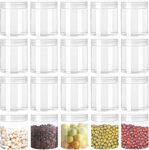 LATERN 20 Piezas 210ml Frascos de Plástico Transparente con Tapas, 6,5CM Contenedores de Almacenamiento de Boca Ancha Botellas Vacías Recargables para Alimentos Secos Condimento Miel Cosméticos