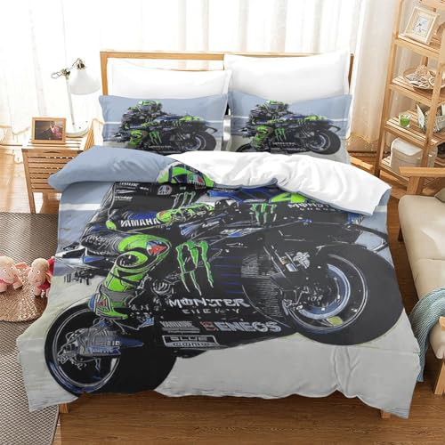 AAHARYA Weiches Moto Gp Racing-Bettwäsche-Set mit Kissenbezug, 3D-Druck, King-Size-Bettbezug-Set für Kinder, modisches Thema, Steppdecke, Bettbezug, 3-teiliges Set, King-Size-Bett (220 x 240 cm)