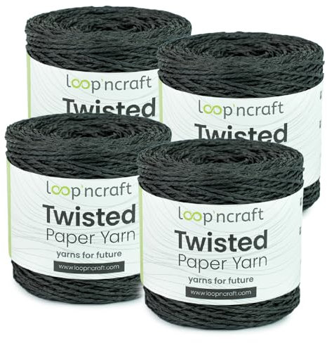 Papiergarn 4er-Set, Schwarz, Loopncraft, 1000m - 600g, Twisted Paper Yarn, Natürliches Papierkordel