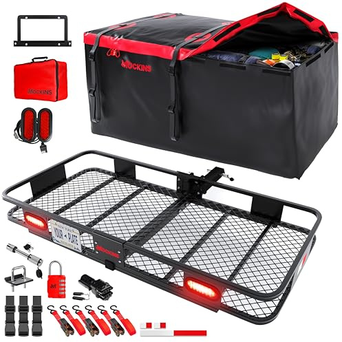 Mockins 70x30x6 XXL Folding Trailer Hitch Cargo Carrier w/Rear Lights, Plate Bracket & 40 CuFt Waterproof Cargo Bag for Hitch Carrier | 500 Lbs Cap Luggage Rack for SUV Car & Truck w/Accessories
