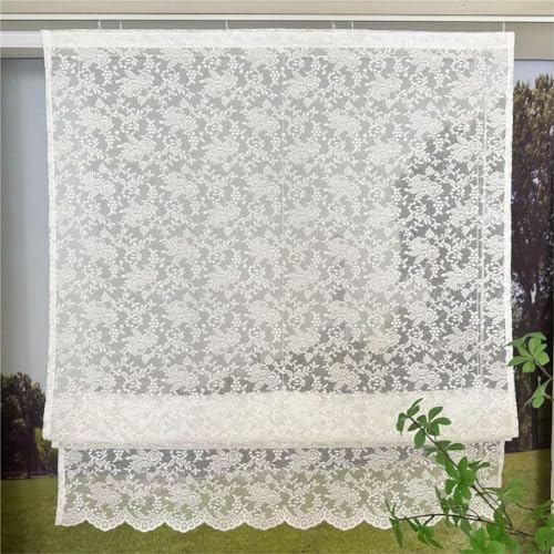 Vordesack Jacquard Raffrollo mit Blumen Muster Landhausstil weiße Spitzenoptik mit gebogten Abschluss Raffgardine mit Klettband 1 Stück HxB 140x100cm