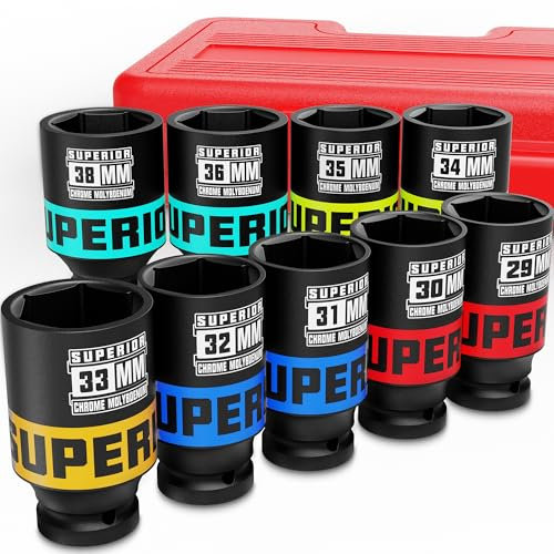 KIRXST Jeu de Douilles à Chocs 1/2, Lot de 9 Douilles à Choc Profondes 29-38 mm Avec Étui de Rangement Portable pour La Réparation Automobile et Camions