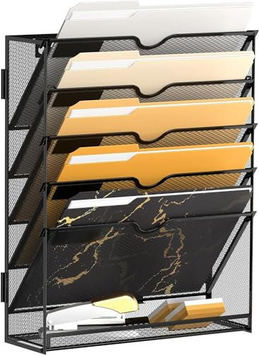 SUPTIDY 6-stöckiger Wand Zeitungshalter, Praktischer Wandorganizer Büro, A4 Dokumentenablage, Metall Prospekthalter, Zeitschriftenhalter Wand, Montage erforderlich, Schwarz