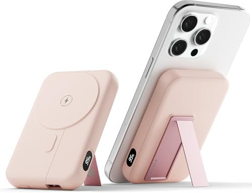 decqle 001 Magnetic Wireless Power Bank 10000mAh Foldable Stand Battery Pack Portable Charger Compatible with MagSafe for iPhone 12/13/14/15 Series (Pink)