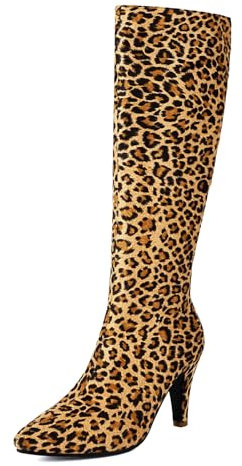 Stivali Alti al Ginocchio Tacco Gattino in Finta Pelle Scamosciata Donna,Stivali Alti Cerniera Laterale e Punta Punta Leopardata Sexy,Eleganti Stivali metà Polpaccio Stiletto,Leopardo,37 EU