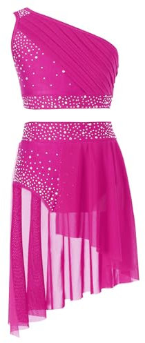 CHICTRY Tuta Ginnastica Artistica Bambina Paillettes Crop Top con Gonna di Danza Classica Minigonna Vestito da Ballo Latino Americano Dancewear Rosa Caldo 11-12 Anni