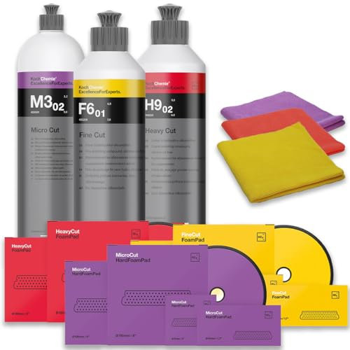 wortek Politur Set mit passendem Foam Pad und Poliertuch: Heavy Cut + Fine Cut + Micro Cut Koch Chemie Polituren (3x Pad 150mm + Politur 250ml + Poliertücher)