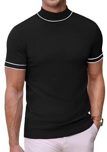 COOFANDY Mens T-Shirts Short Sleeve Turtleneck Knitted Mock Neck T Shirts for Men Slim Fit Business Basic Tee Black & White XL