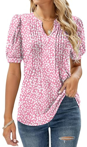 EFFAN Ladies Tops Womens Summer Tunic Casual T Shirts V Neck Elegant Floaty Dressy Blouse Plus Size White Dot XL (UK 18-20)