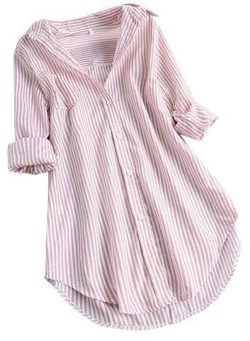 Chemise A Rayures Femme Manches Longues- Blouse Grande Taille Col en V Ample De Travail Haut Décontracté avec Bouton Été T-Shirt Comfortable Léger Doux Tunique Mi-Longue Simple Top