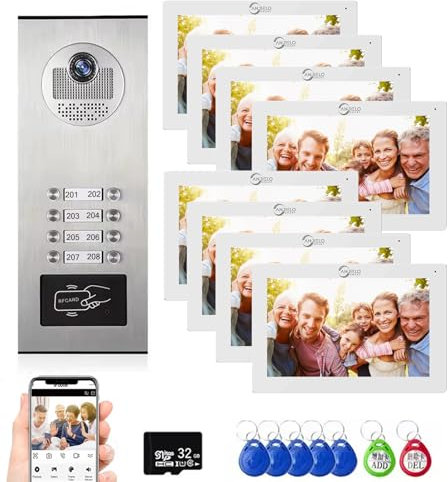 Sistema di videocitofono a 4 fili per appartamento,2/3/4/6/8/10/12 unità 7 pollici monitor 1080P Kit citofono,3 in 1 sblocco,movimento rilevato per villa,Tuya (1 Campanell+ 8 Monitor)