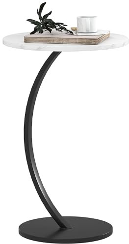 HOMCOM C Shaped Side Table, Round Bedside Table with Marble Effect Top, Modern Coffee Table Sofa End Table with Metal Frame for Living Room Bedroom Office, White