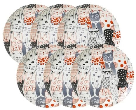 AWASAKA Cat’s Downtown Story Japanese Ceramic Plate Set – Ø23.5cm | H2.5cm, Set of 6 – Microwave & Dishwasher Safe – Imported from Japan – Gift Set for Housewarming (Red)