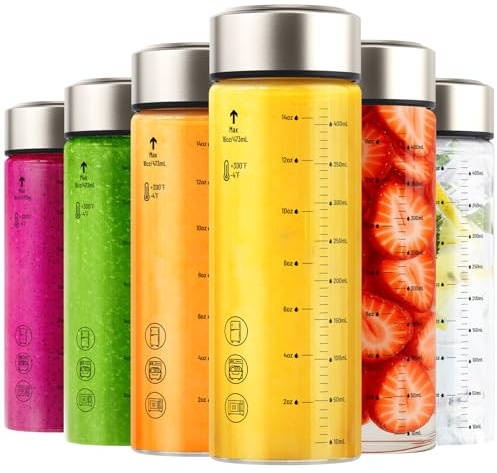 Zukro Lot de 6 bouteilles de jus en verre transparent de 473 ml, réutilisables, étanches, sans BPA, à large goulot pour jus, smoothie, protéines, eau infusée, stockage des boissons, borosilicate