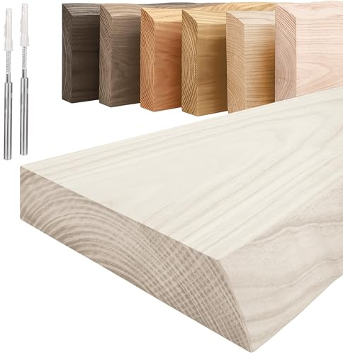 LAMO Manufaktur Schweberegal Holz mit unsichtbarer Befestigung | Wand Regal 60cm breit für Badezimmer, Flur, Küche | Farbe: Weiß, Kante: natürlich | Massivholz, modernes Design, Schwebende Optik