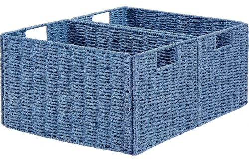 Vagusicc Storage Baskets for Shelves, Large Organizer Box Storage Bins with Handles, Wicker Basket for Pantry, Collapsible Bathroom Storage Basket organiser Toys Storage, 38x25 CM, 2PCS, Blue