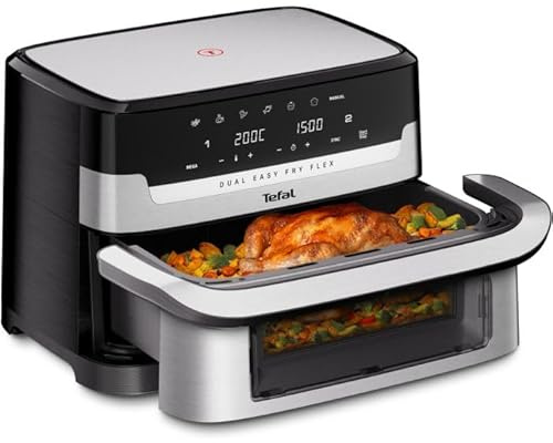Tefal Dual Easy Fry Flex Heißluftfritteuse 9L – Airfryer mit 2 Kammern & GiantZone, FlexCook-Trennwand, 2700 W, 40–200 °C, 7 Programme, fettarm frittieren & 2 Gerichte gleichzeitig zubereiten EY922DE0
