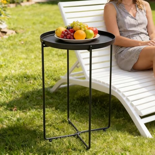 doporro Beistelltisch rund Ø35×H51 cm, mit abnehmbarem Tablett Schwarz | Couchtisch klein aus PP-Kunststoff, Nachttisch als Beistelltisch Couch für Wohnzimmer, Schlafzimmer, Outdoor, Balkon Reglo-08