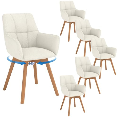 LEWE Esszimmerstühle Drehbar 6er Set mit Armlehne und Holzbeinen, Beige | 360°Drehstuhl, Polsterstuhl mit Ergonomische Stoffrückenlehne, Stühle für Esszimmer, Küche, Wohnzimmer, Schlafzimmer