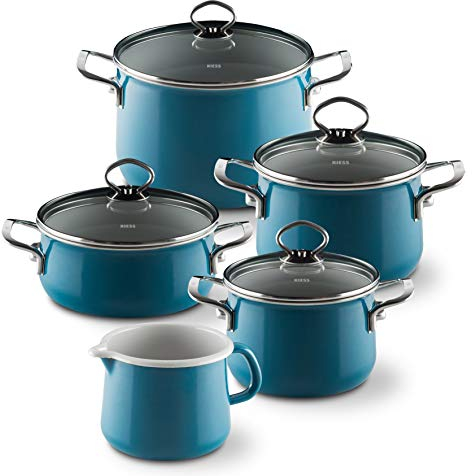 Riess, 0546-010, Spar-Set 5-teilig, NOUVELLE - AQUAMARIN EXTRA STARK, bestehend aus: Fleischtopf mit Glasdeckel 16, 20 und 24 cm, Kasserolle mit Glasdeckel 20 cm und Schnabeltopf 12 cm