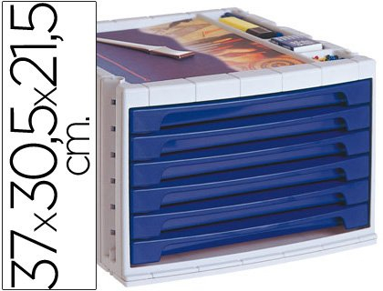 Q-Connect - Fichero Cajones De Sobremesa 37X30,5X21,5 Cm Bandeja Organizadora Superior 6 Cajones Azul Opaco