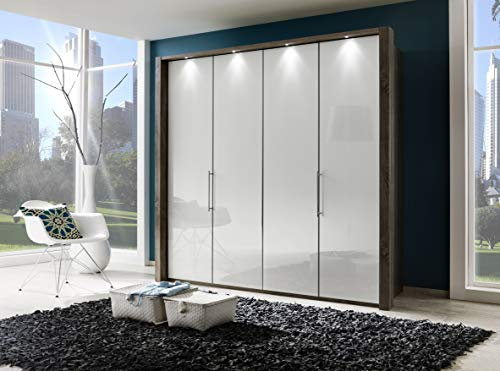 WIEMANN Loft Kleiderschrank, Schlafzimmerschrank, Gleittürenschrank, Drehtürenschrank, Glas weiß, Trüffeleiche, Holz, B/H/T 200 x 216 x 58 cm