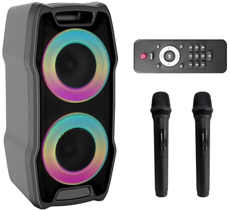 VeGue Máquina de Karaoke con 2 UHF Micrófonos Inalámbricos, 10 Woofer Bluetooth Portátil Sistema PA Altavoz Karaoke con Luces de Fiesta, para la Fiesta de Navidad (VS-0808)