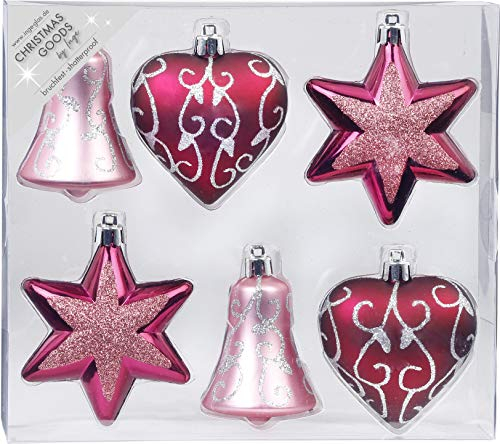 MAGIC 6 STK. Weihnachtskugeln Kunststoff 9cm Formen-Sortiment Glocke Herz und Stern Christbaumschmuck Weihnachtsdeko Weihnachtsschmuck Berry Kiss (Beere Glanz/matt)