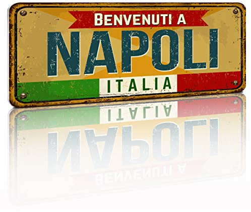 Megadecor Dekoratives Vintage-Nummernschild aus Aluminium oder PVC – Willkommen bei Napoli. 36 cm x 16 cm (PVC 5 mm).