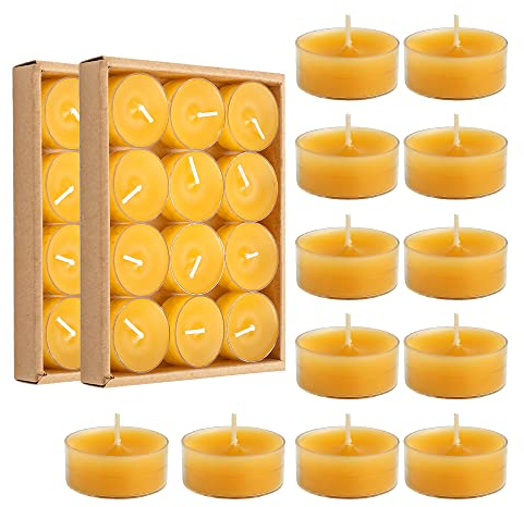 Lot de 24 bougies chauffe-plat en cire d'abeille naturelle faite à la main - Décoration non parfumée - Parfaites pour une fête d'anniversaire, un mariage, un spa, la décoration de la maison