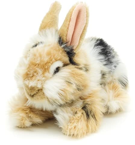Uni-Toys - Löwenkopf-Kaninchen mit aufgestellten Ohren - liegend - schwarz-braun-weiß gescheckt - 23 cm (Höhe) - Plüsch-Hase - Plüschtier, Kuscheltier