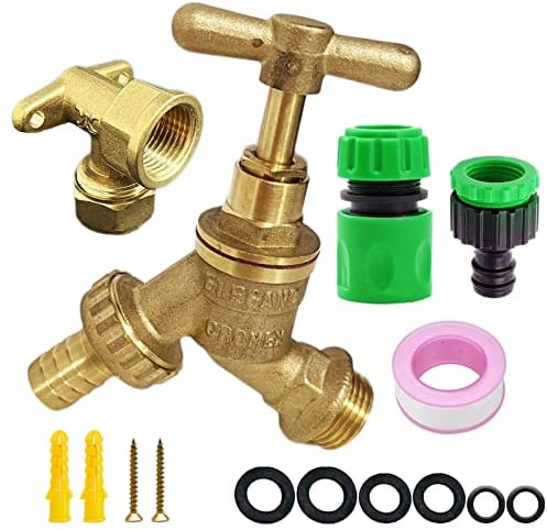 YAAVAAW Kit de grifo exterior de latón para manguera de jardín, grifo de bibcock de agua, juego de accesorios de manguera de jardín, grifo de latón IBC para montaje en pared exterior