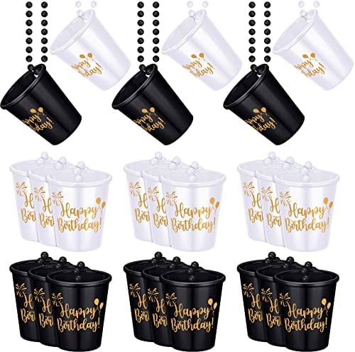 Sureio 24 Pack Shot Cup Glass on Beaded Necklace Shot Glass Necklaces Plastic Shot Cups for Birthday Party Happy Wedding Festival Parade Favor(Black, White)