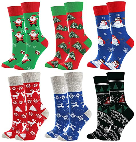 EpoBob 6 Paar Weihnachtssocken für Männer, Herren-Weihnachtssocken Größe 39-46, Herren Winter Xmas Funny Crew Socken, Schneemann, Weihnachtsmann