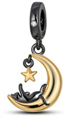 Streetculture Schwarze Katze Spielzeug auf dem Mond - Bettelarmband Anhänger Schmuck Charm Anhänger Sammelband Kette Zubehör Geschenk Sterlingsilber 925