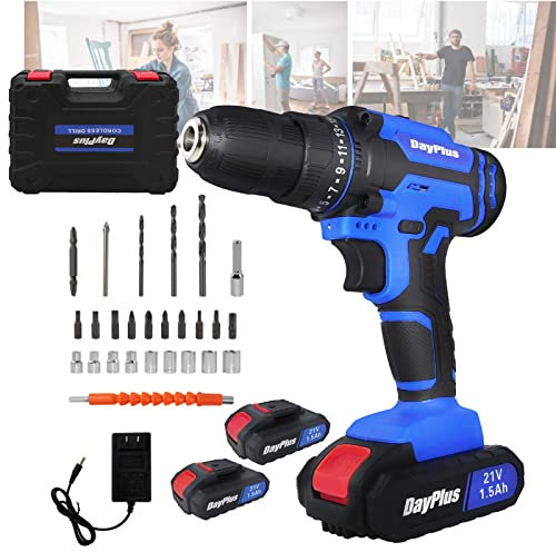 Taladro de mano inalámbrico alimentado por batería, taladro combinado de 21 V para taladrar metal/pared/madera, 2 x 1500 mAh, 45 Nm, ajuste de par 25+1, 2 velocidades, luz LED